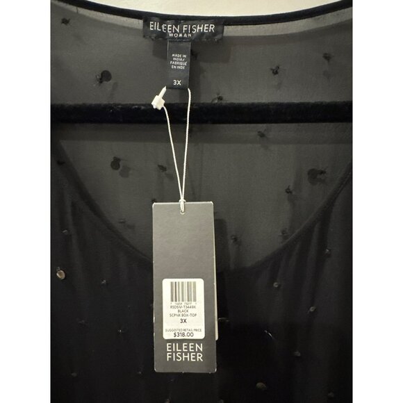 Eileen Fisher Dancing Sequin Silk Top Size 3X Black Sheer Mesh Dolman Sleeve NWT - Picture 5 of 7